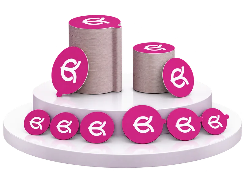 EK cup lids and cone lids in stacks and single lids on a display podium
