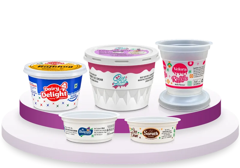 Plastic ice cream cups on a display podium